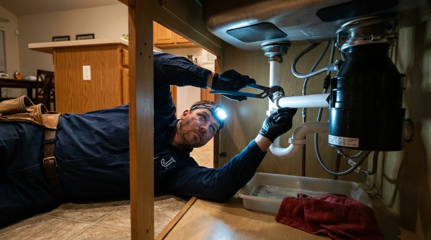 P-trap and supply line connections under a kitchen sink showing a common leak point in Newport, KY